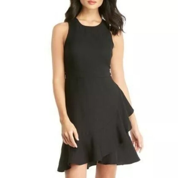 Banana Republic Black Fit Flare RacerBack Faux Wrap Ruffle Sleeveless Dress 0 - Picture 1 of 10